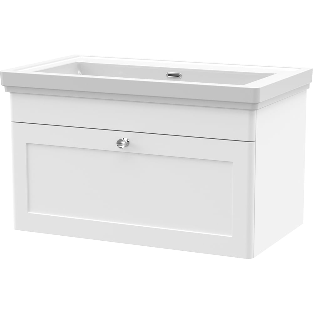 nuie Classique Single Drawer Satin White Wall Hung Unit and 0 Tap Hole Fireclay Basin 800mm Image 1