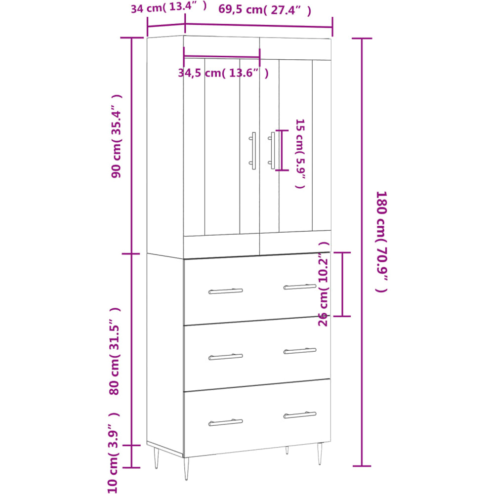 vidaXL 2 Glass Door 3 Drawer Concrete Grey Highboard with Gold Handle Image 7