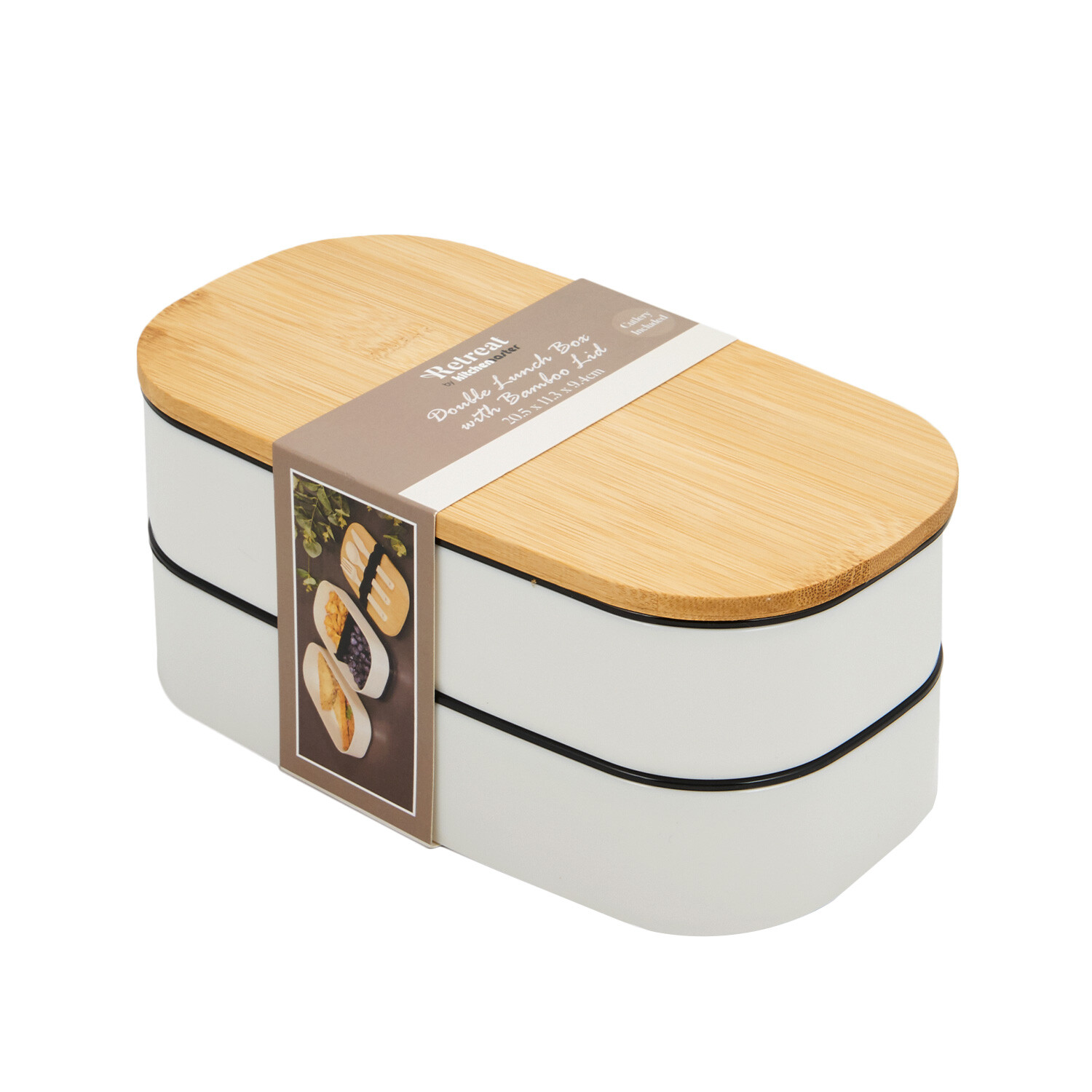 Double Lunch Box with Bamboo Lid - White Image 1
