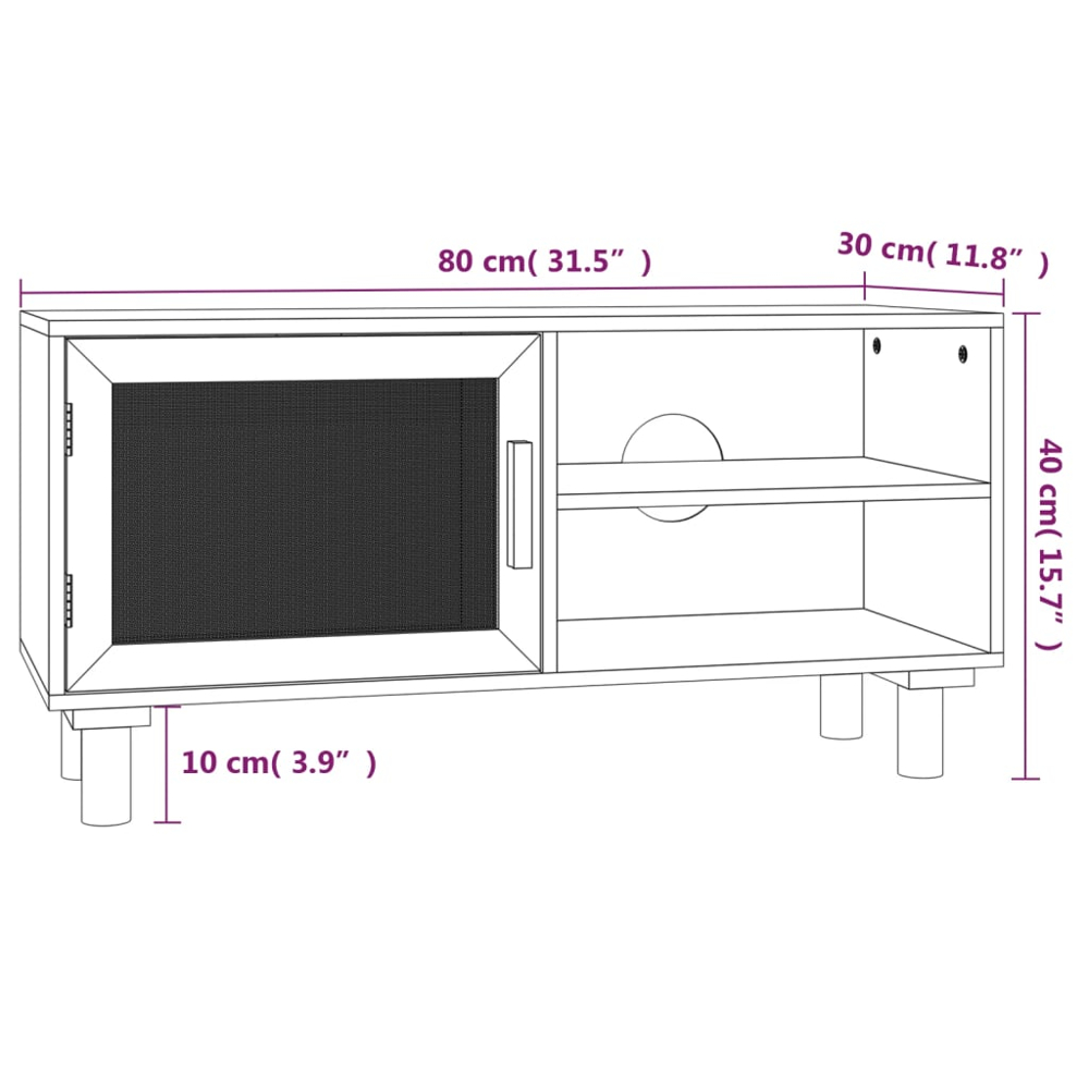 vidaXL Single Door 2 Shelf White Solid Pine Wood and Natural Rattan TV Cabinet Image 8