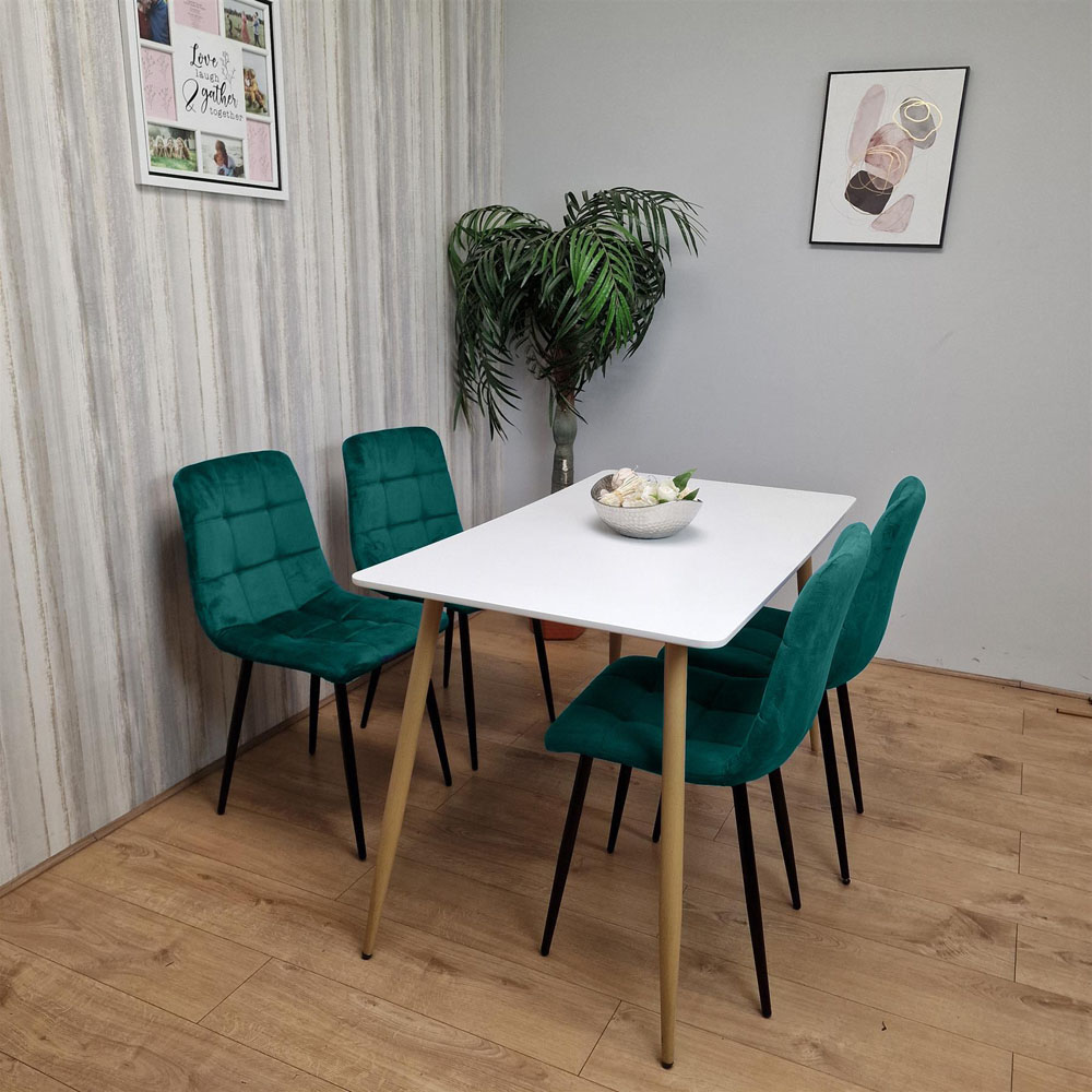 Kosy Koala 4 Seater Wooden and Velvet Dining Table Set White and Green Image 5