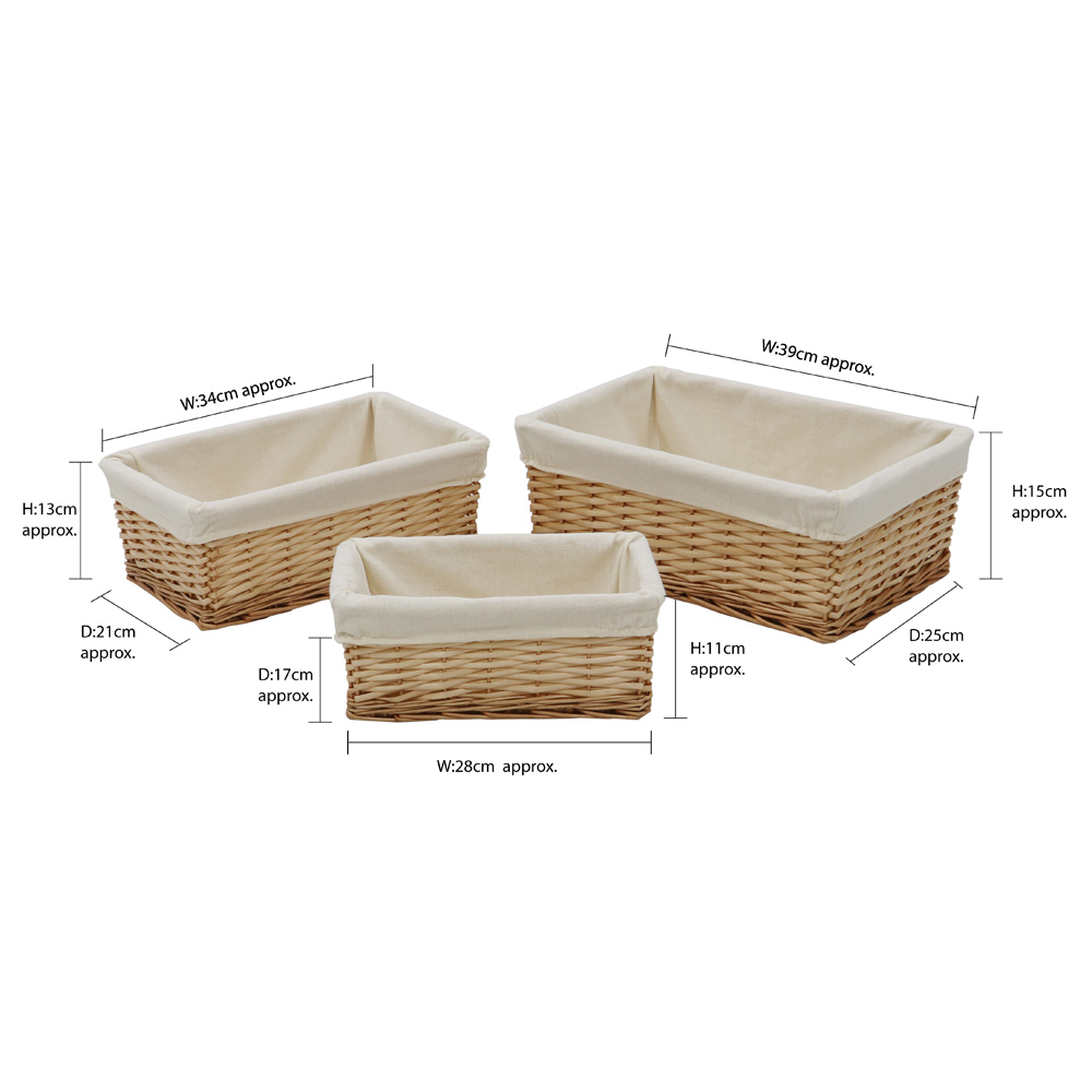 JVL 3 Piece Acacia Honey Rectangular Willow Storage Basket with Lining Set Image 6