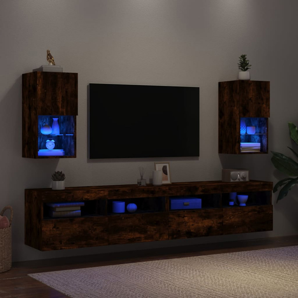vidaXL Single Door 2 Shelf Smoked Oak Wall Mounted TV Cabinet Set of 2 Image 4
