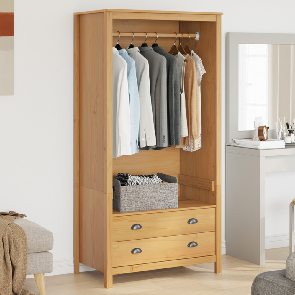 vidaXL Hill 2 Drawer Honey Brown Solid Pine Wood Open Wardrobe Image 1
