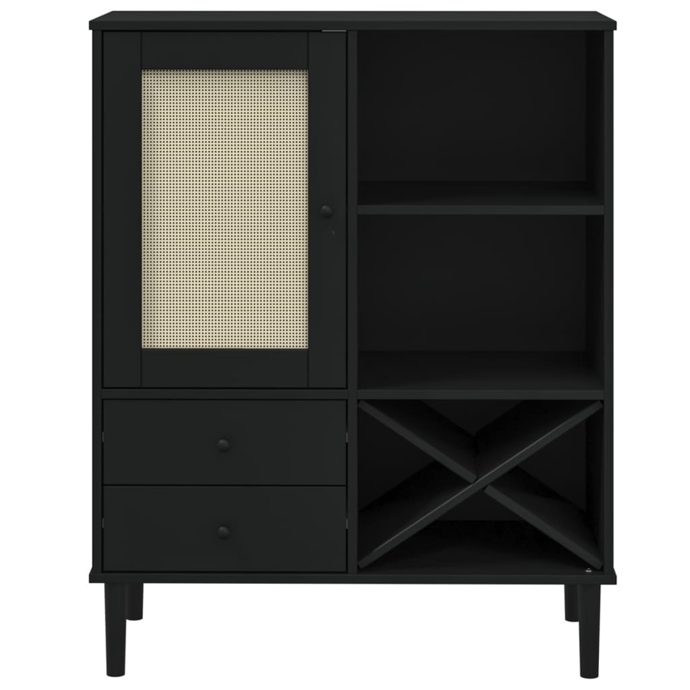 vidaXL Senja Single Door 2 Drawer 6 Shelf Black Solid Pine Wood Rattan Look Highboard Image 5