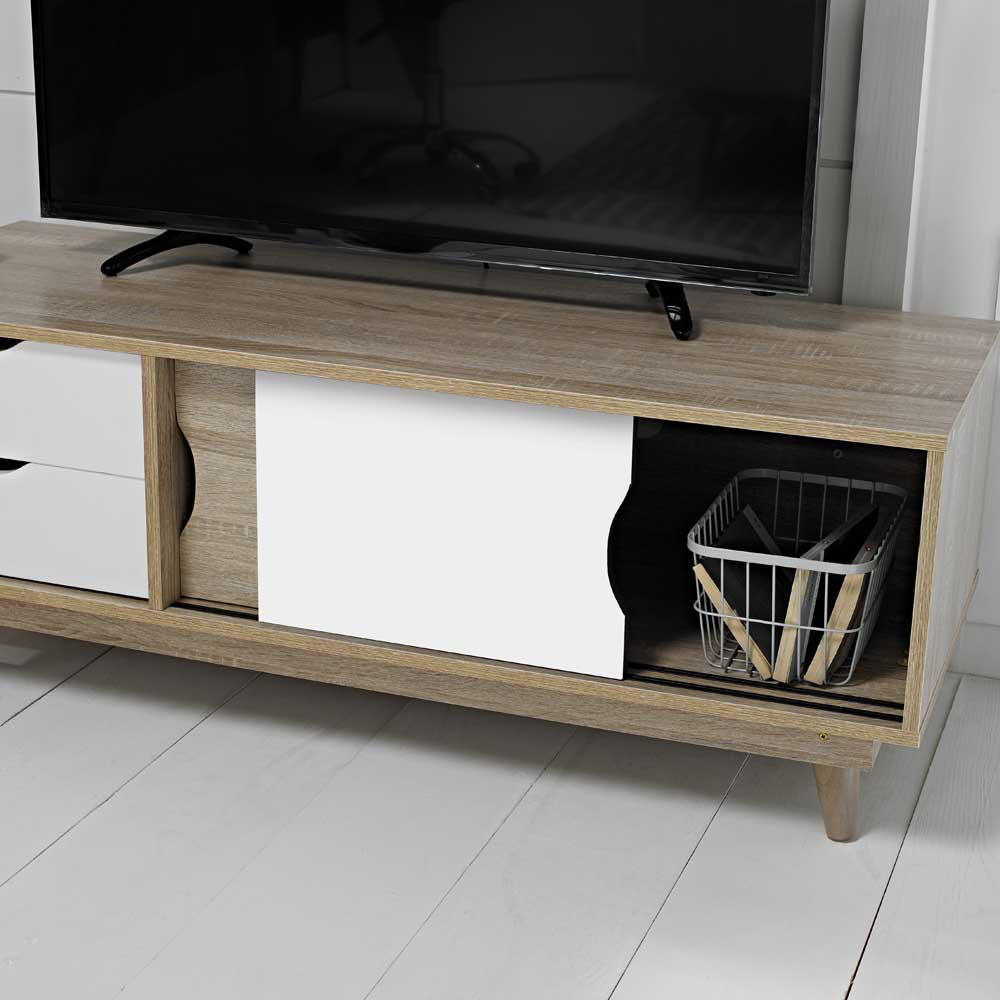 Scandi 2 Drawer Single Shelf White Oak Effect TV Unit Image 4