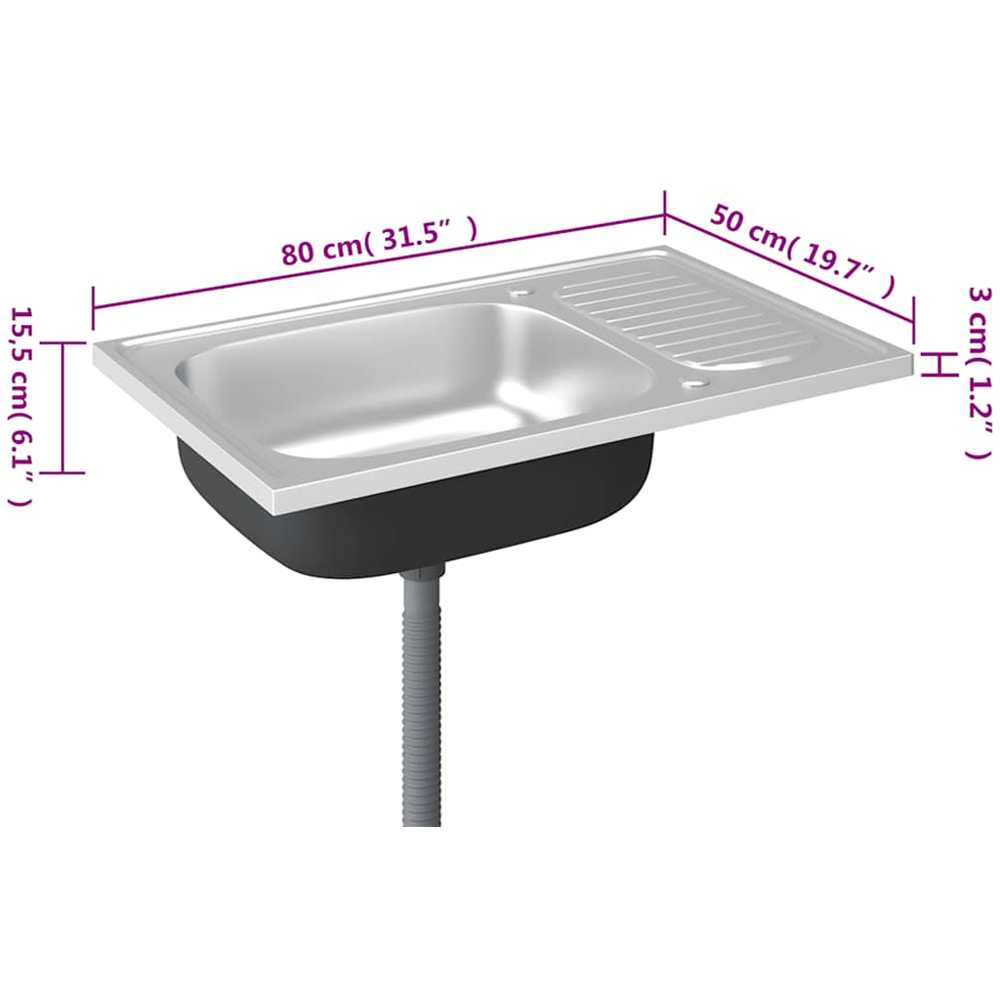 vidaXL Silver Stainless Steel Kitchen Sink with Drainer Set 800 x 500 x 155mm Image 7