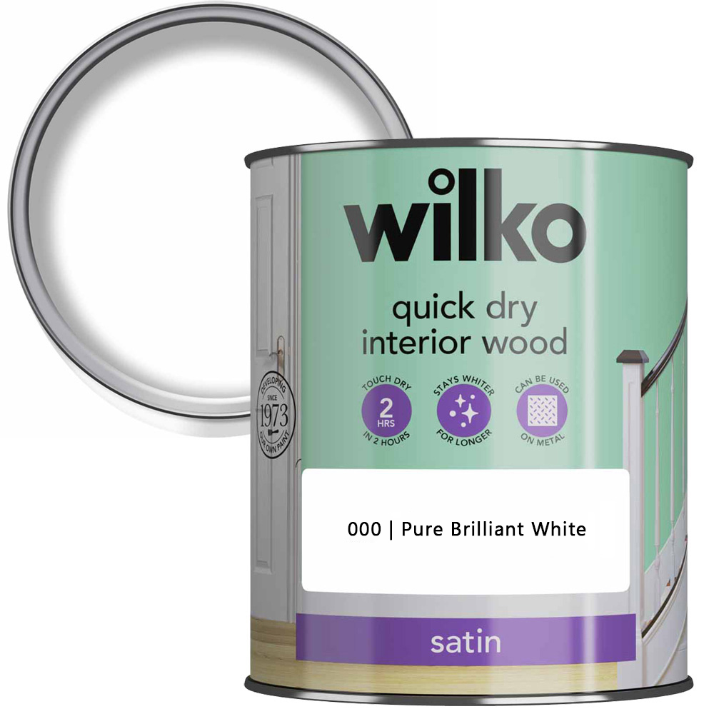 Wilko Quick Dry Interior Wood Pure Brilliant White Satin Paint 750ml Image 1