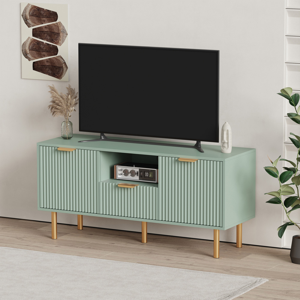 FurnitureHMD 2 Door Single Drawer Single Shelf Green Wave Pattern TV Unit Image 4