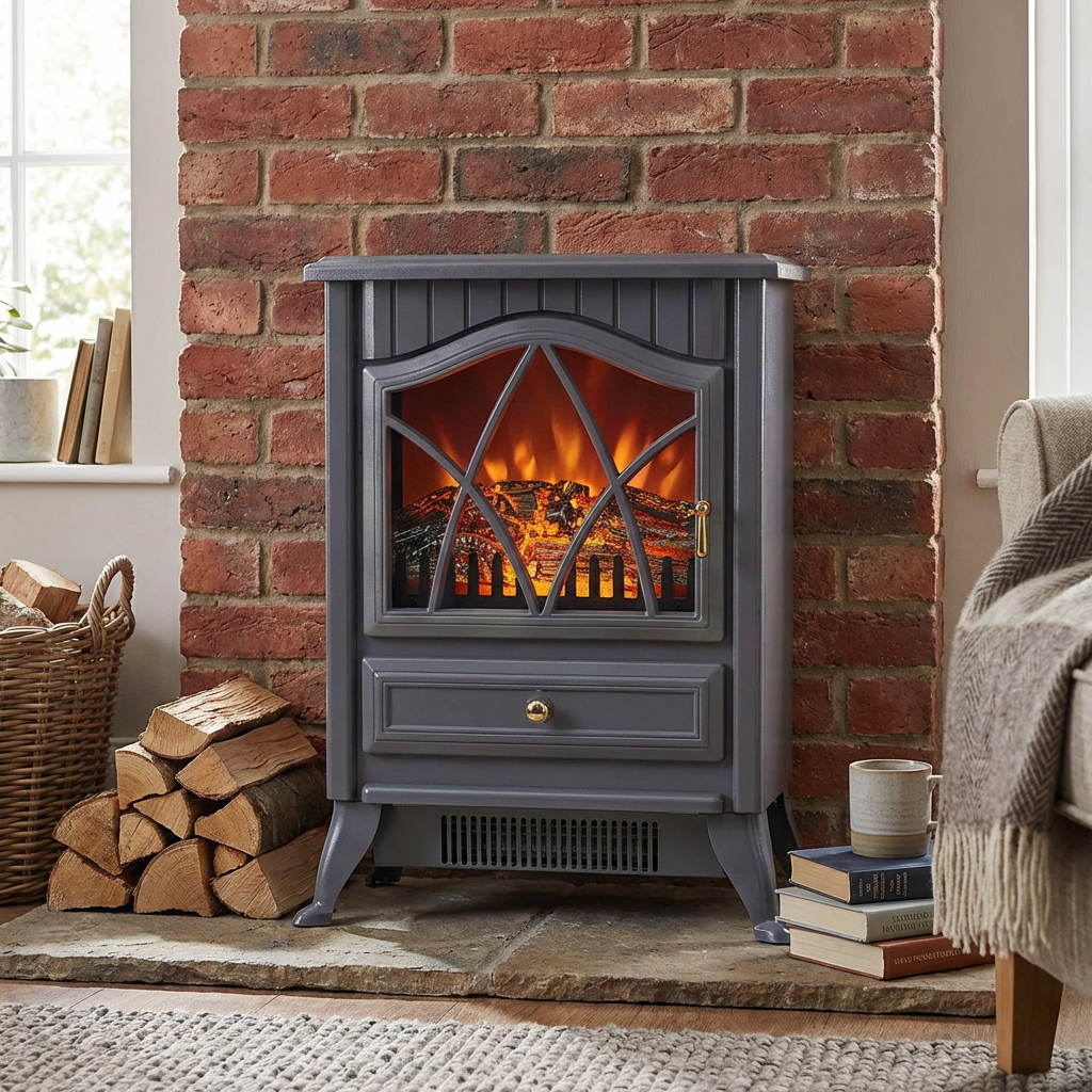 Grey Freestanding Log Effect Stove Fireplace Heaters Image 3
