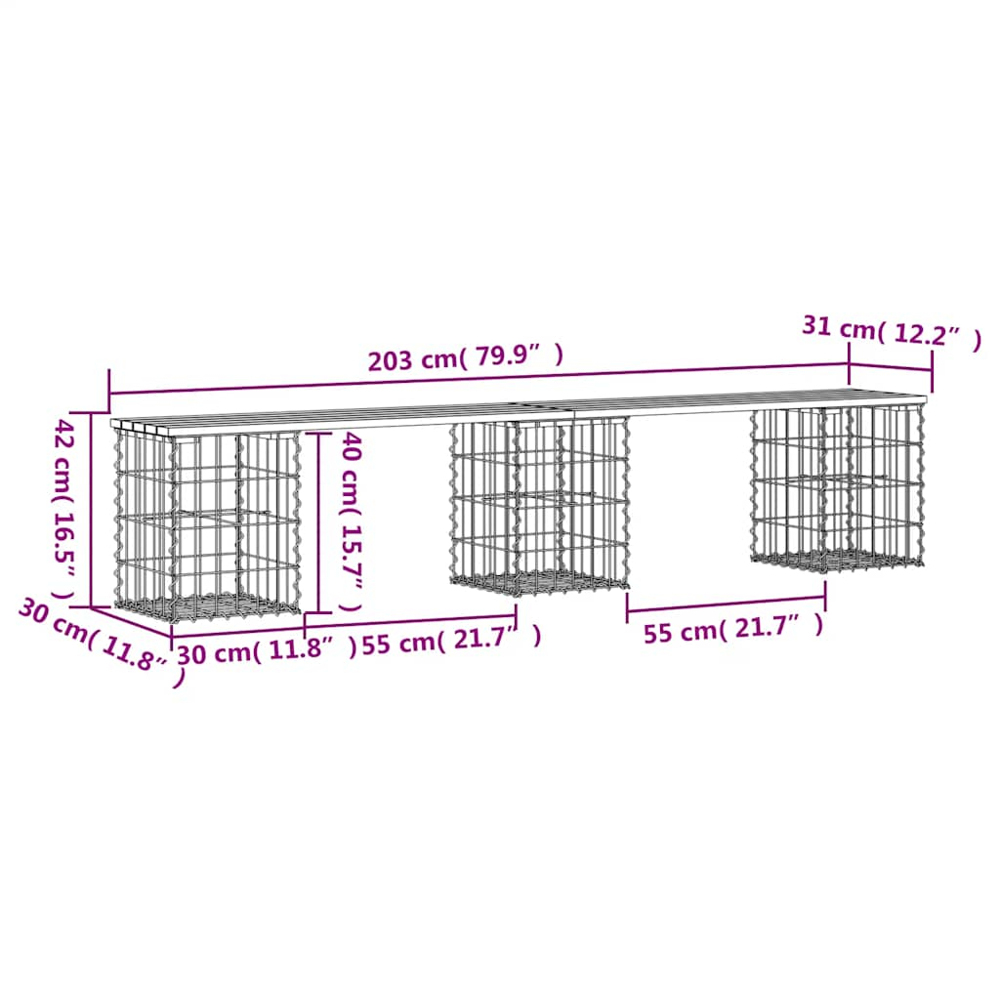 vidaXL Brown Solid Impregnated Pine Wood Gabion Design Garden Bench 203 x 31 x 42cm Image 7