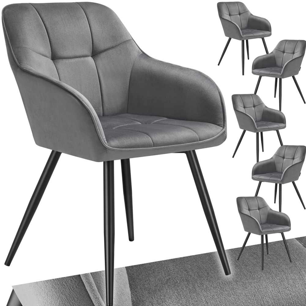 tectake Marilyn Set of 6 Grey and Black Quilted Velvet Dining Chair Image 2