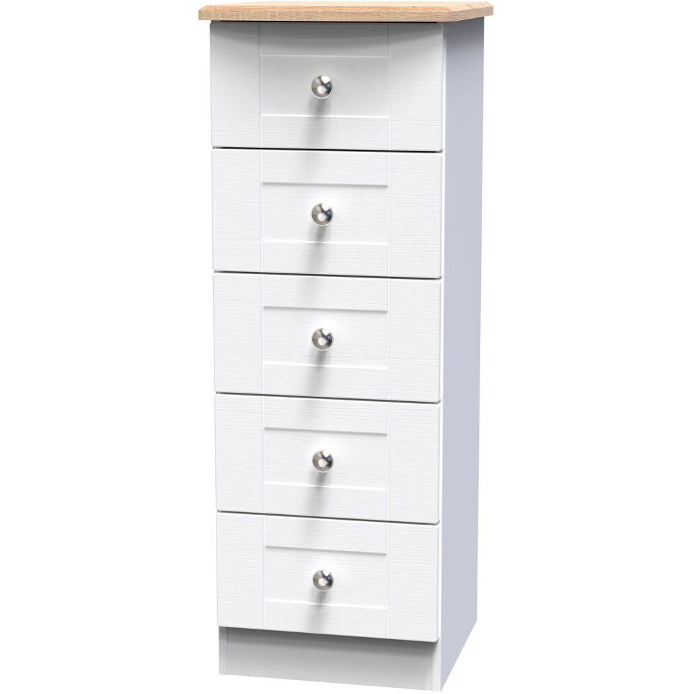 Crowndale Sussex 5 Drawer White Ash and Bardolino Oak Bedside Table Ready Assembled Image 2
