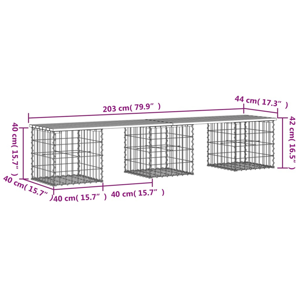 vidaXL Brown Solid Impregnated Pine Wood Gabion Design Garden Bench 203 x 44 x 42cm Image 7