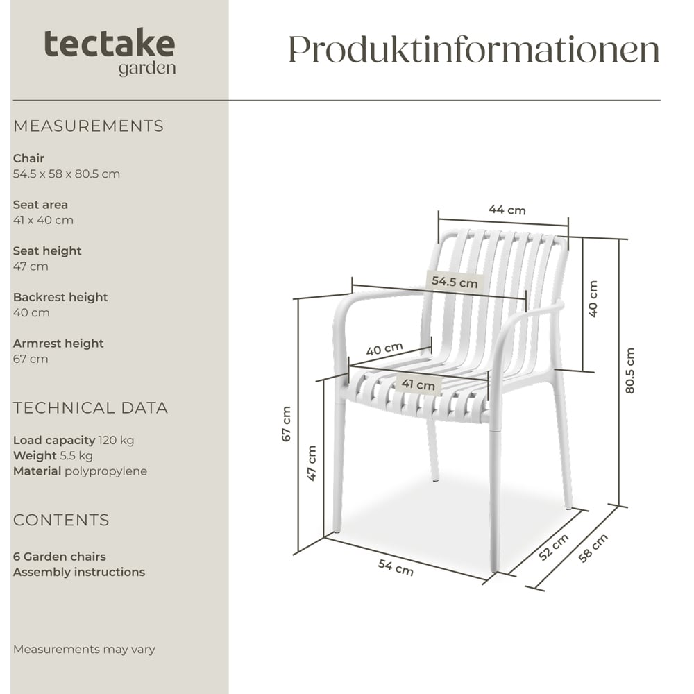 tectake Alcudia Set of 6 White Garden Chair Image 9