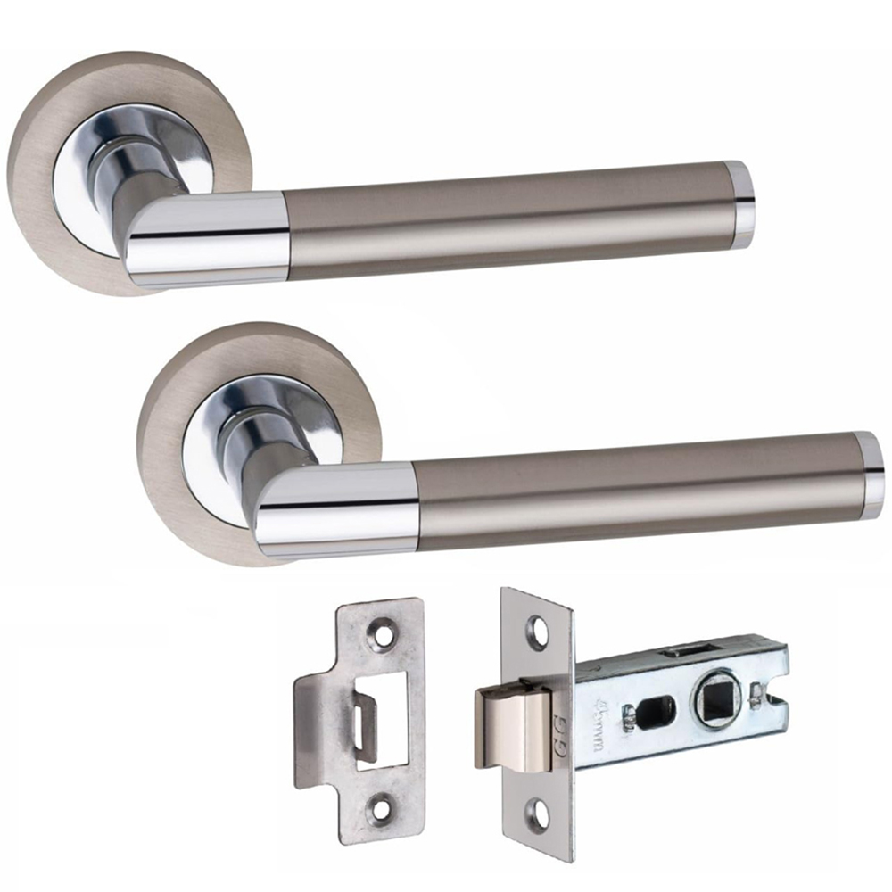 Golden Grace Mitred Satin Nickel Polished Chrome Door Handle Pair with Tubular Latch 52mm 4 Pack Image 3