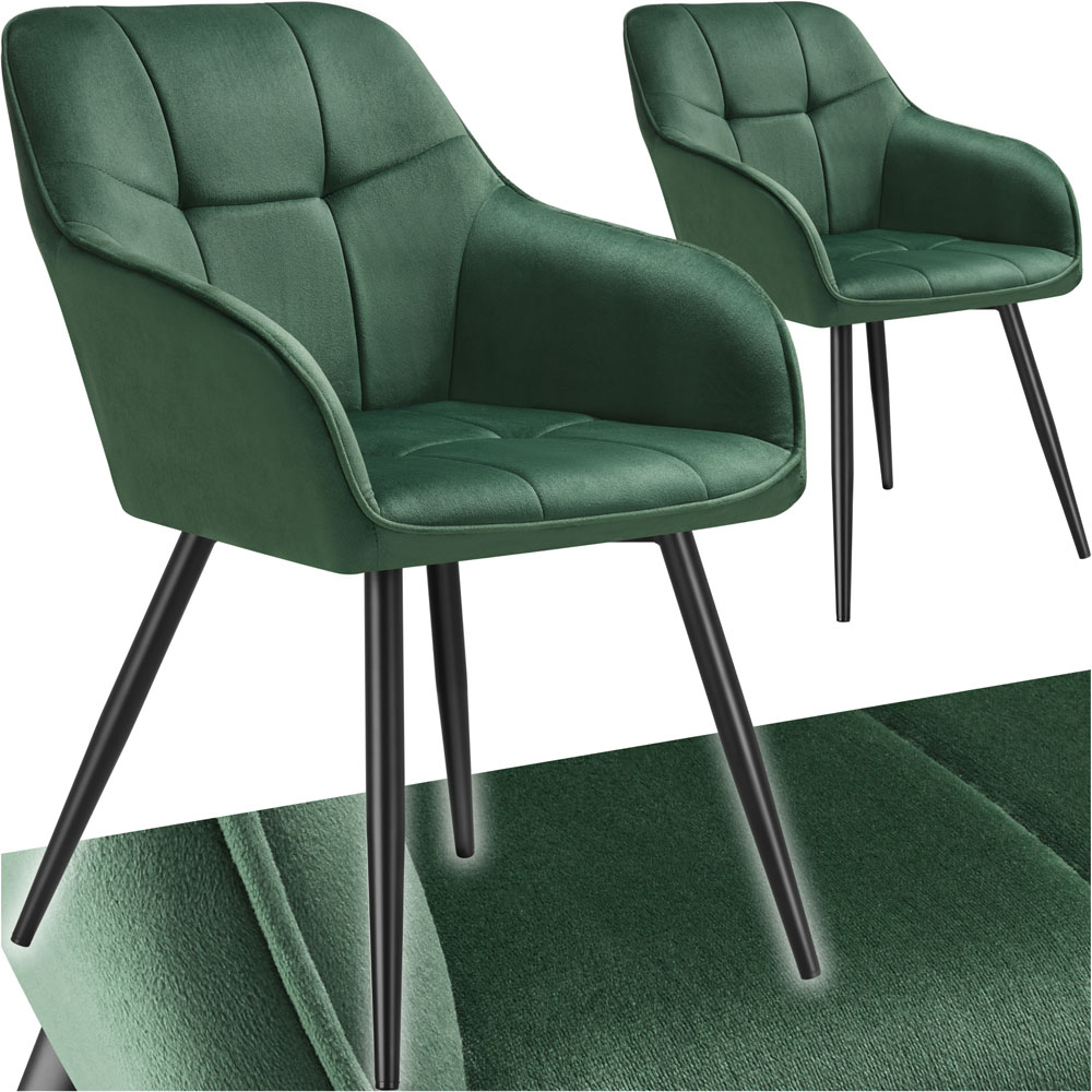 tectake Marilyn Set of 2 Dark Green and Black Quilted Velvet Dining Chair Image 2