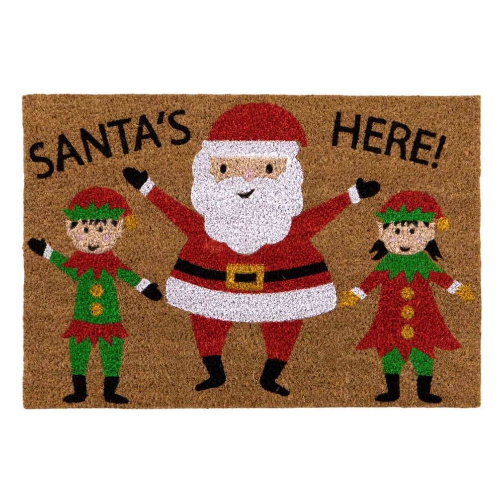 JVL Festive Christmas Santa's Here Latex Backed Coir Doormat 40 x 58cm Image