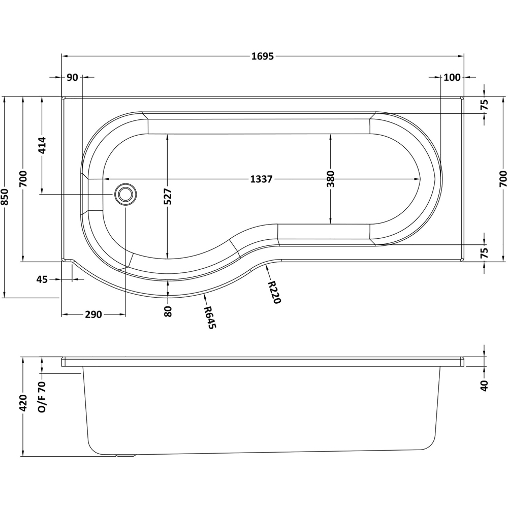 nuie 1700mm Left Hand P-Bath with Panel and Black Screen Image 2