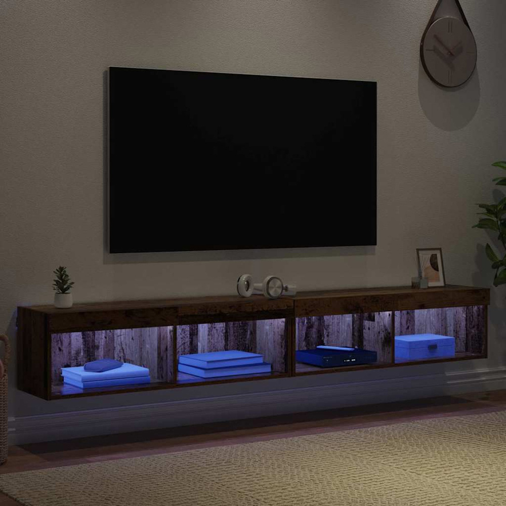 vidaXL 2 Shelf Old Wood Wall Mounted Wide TV Cabinet with LED Light 2 Pack Image 5