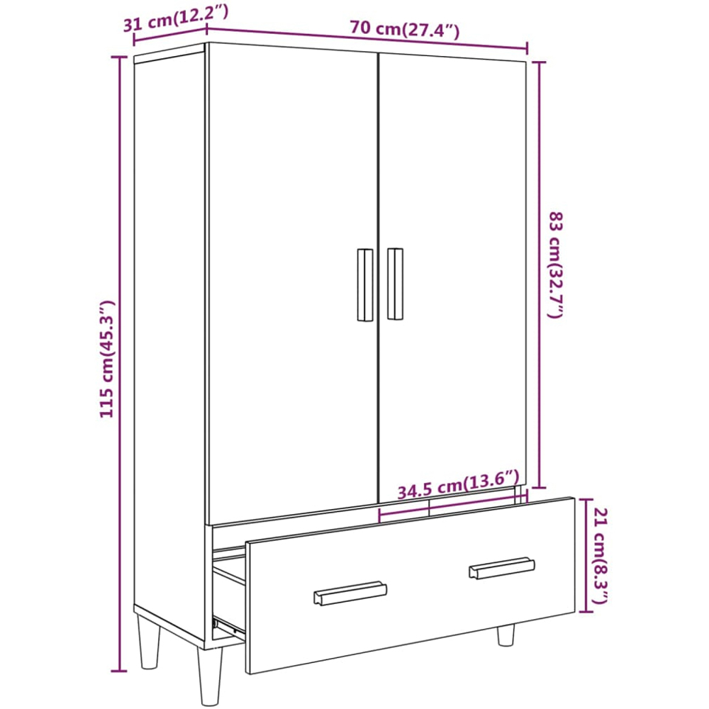vidaXL 2 Door Single Drawer Concrete Grey Highboard with Wooden Legs Image 9