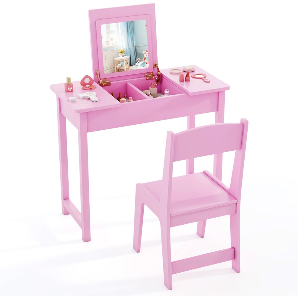 Costway 2 Drawer Single Shelf Pink 2 in 1 Kids Vanity Table Set with Flip Top Mirror Image 3