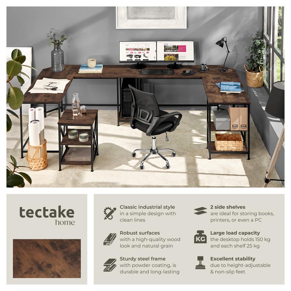 tectake Hamilton 2 Shelf Industrial Dark Wood Corner Desk Image 6