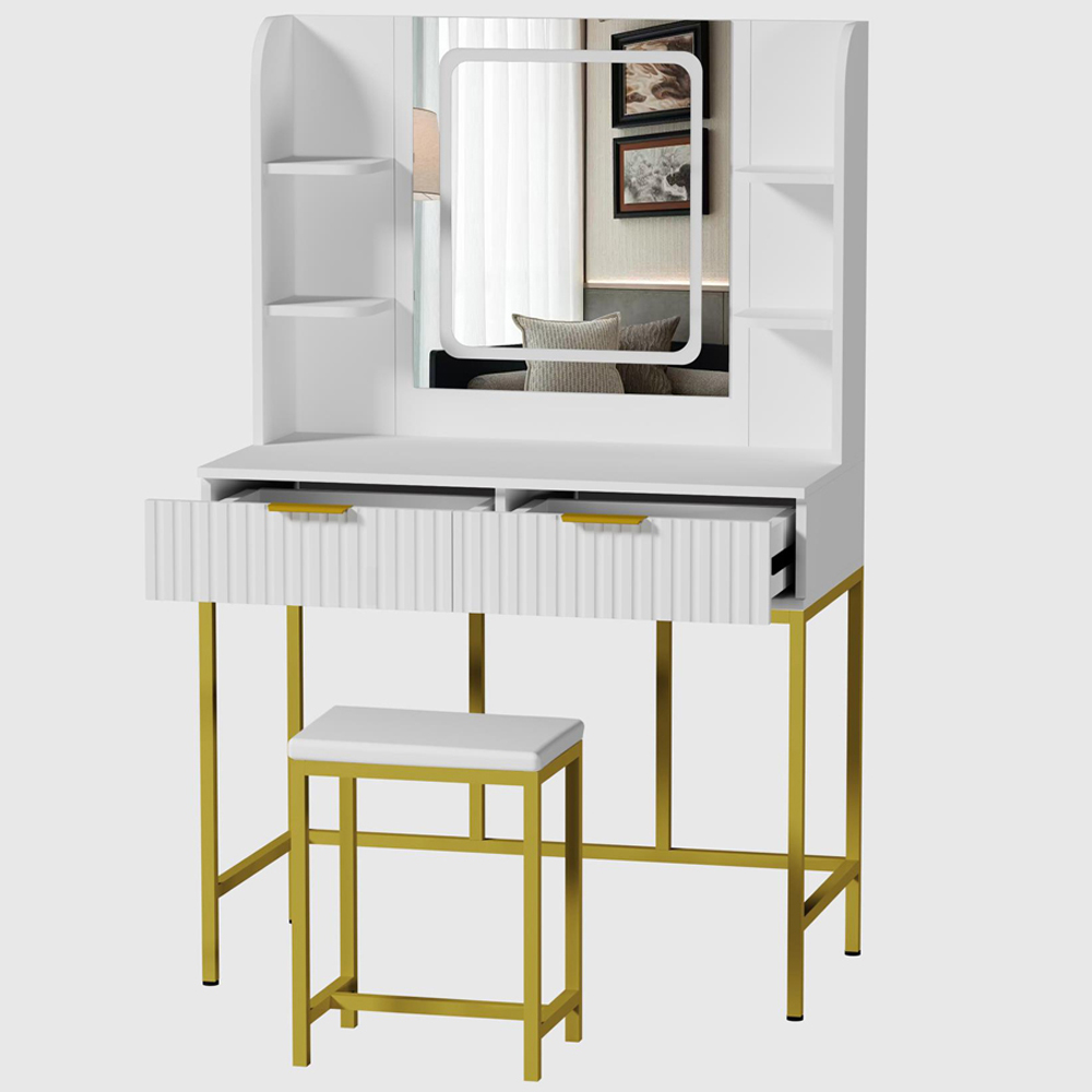 Kosy Koala Annabelle 2 Drawer 4 Shelf White and Gold Dressing Table Set with LED Mirror Image 3