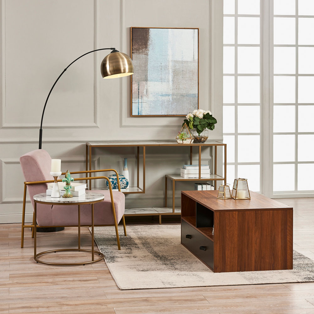 Teamson Home Henry 2 Drawer Single Shelf Walnut Wooden Faux Leather Coffee Table Image 6