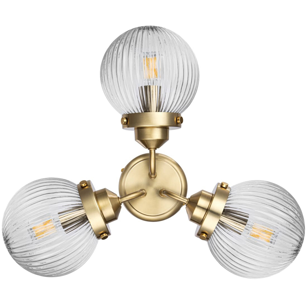 Cosylyte Finley Bathroom 3 Light Classic Ribbed Glass Brass Metal Base Side Ceiling Light Image 3