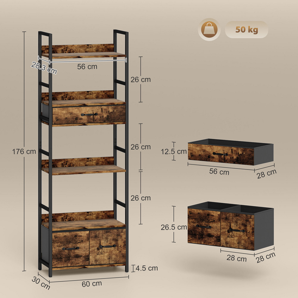 Portland 3 Fabric Drawer and 4 Shelf Rustic Brown Industrial Bookcase Image 9