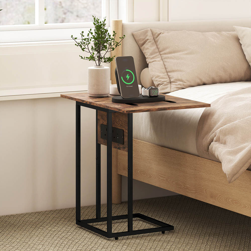 Portland Rustic Brown C Shaped Foldable Top Side Table with Charging Station Image 4