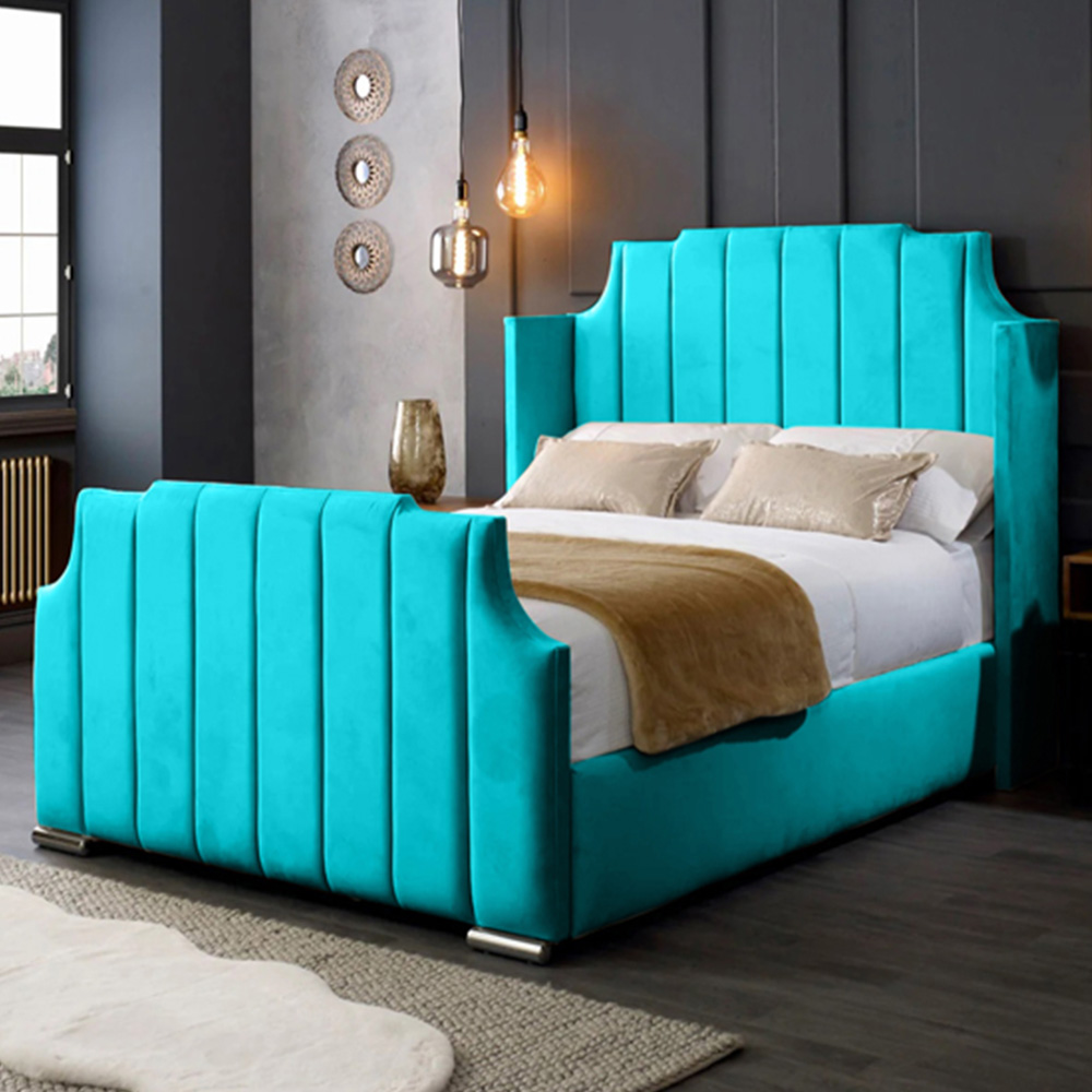 Eleganza Home Nelly King Size Teal Plush Velvet Bed Frame with Winged Headboard Image 1