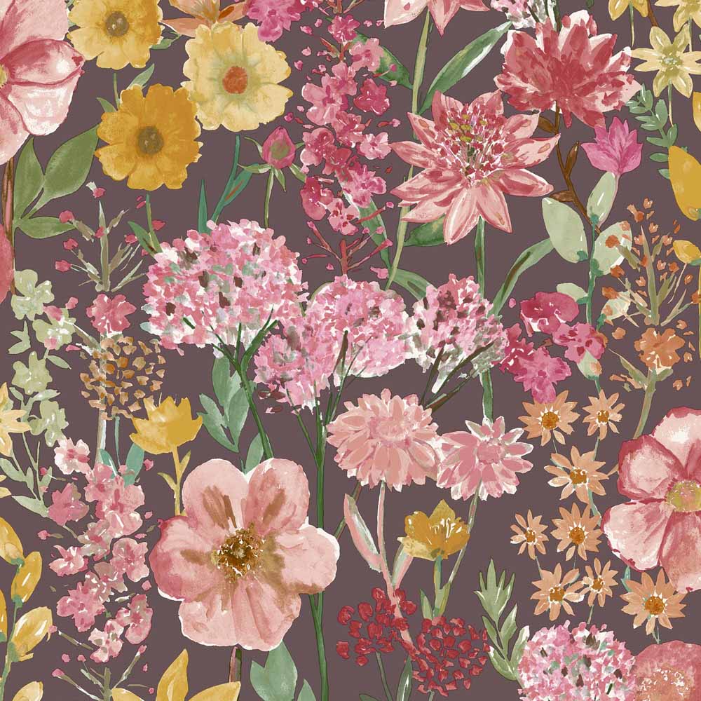 Grandeco Spring Wild Flowers Trail Smooth Plum Wallpaper Image 1