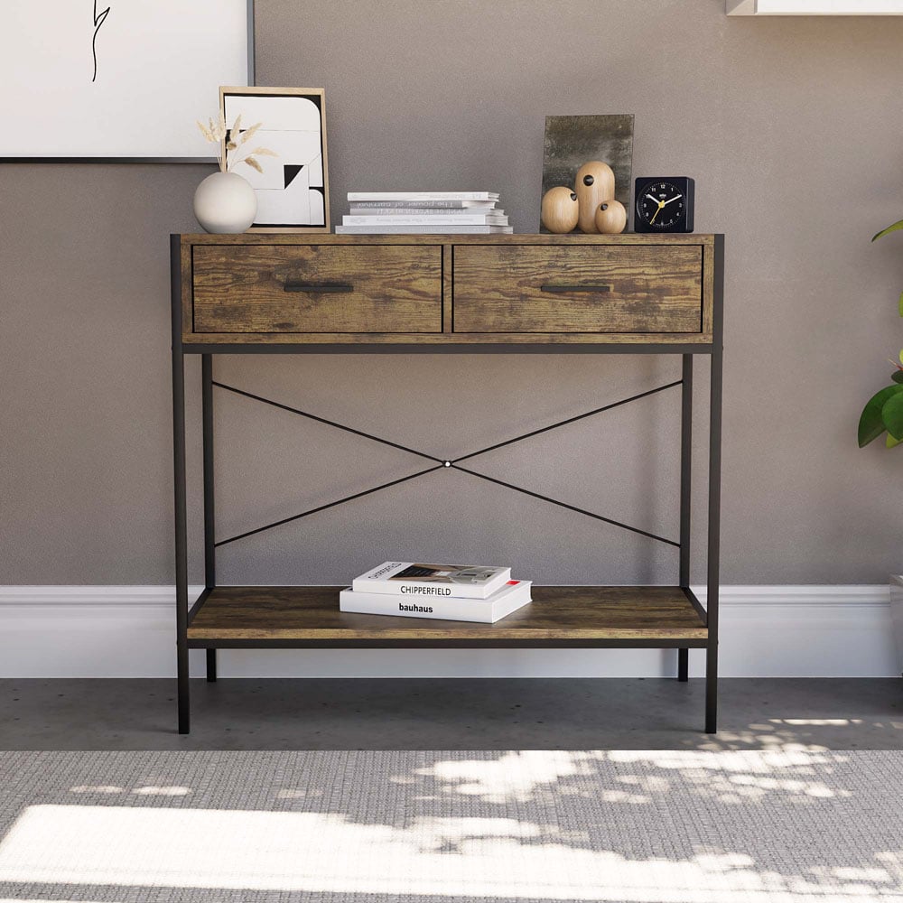 Home Vida Brooklyn 2 Drawer Dark Wood Industrial Console Table Image 6