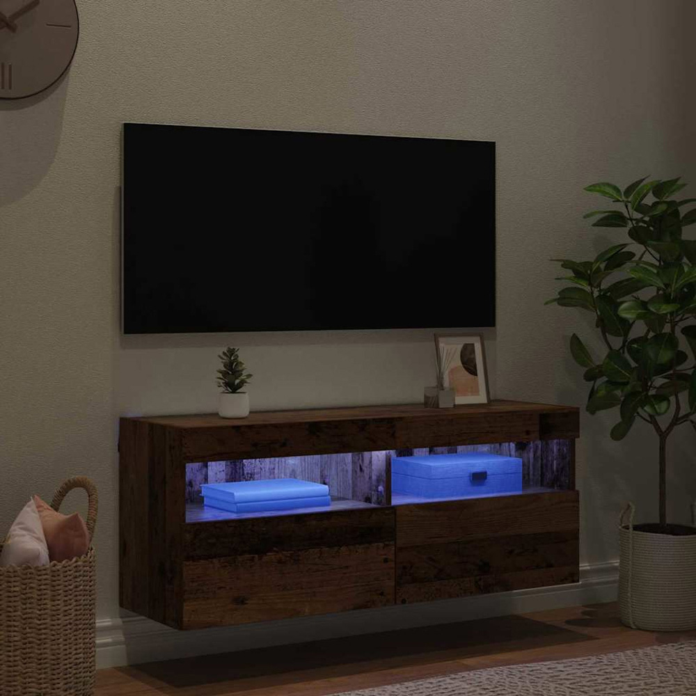 vidaXL 2 Door 2 Shelf Old Wood Wall Mounted Wide TV Cabinet with LED Light Image 5