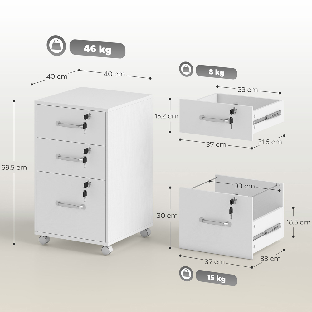 Portland 3 Drawer White Mobile Lockable Filing Cabinet with Keys Image 9