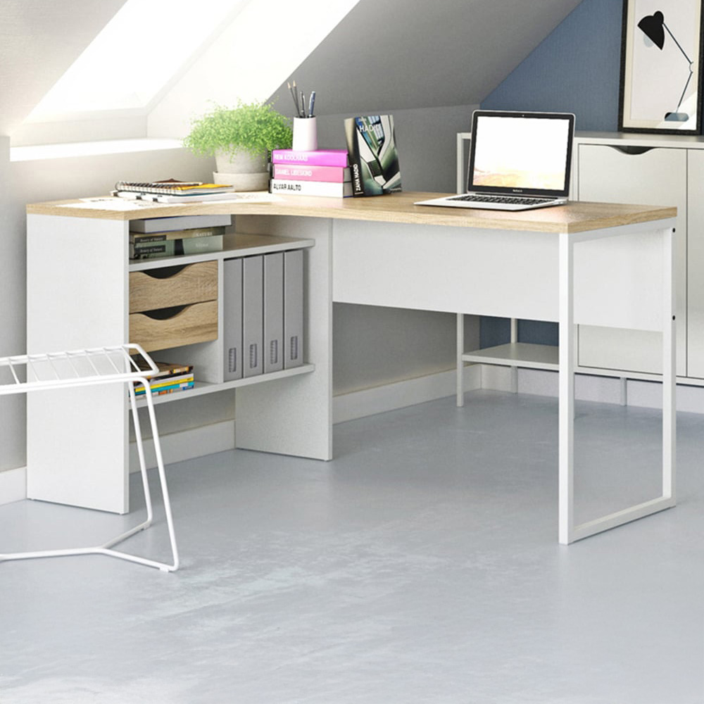 Florence Function Plus 2 Drawer Corner Desk White and Oak Image 1