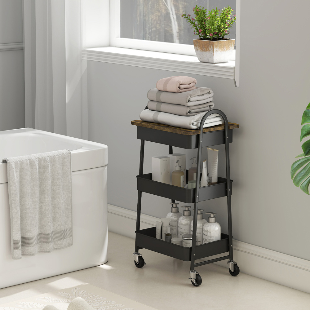 Portland 3 Tier Rustic Brown and Black Rolling Utility Cart with Mesh Baskets Image 3