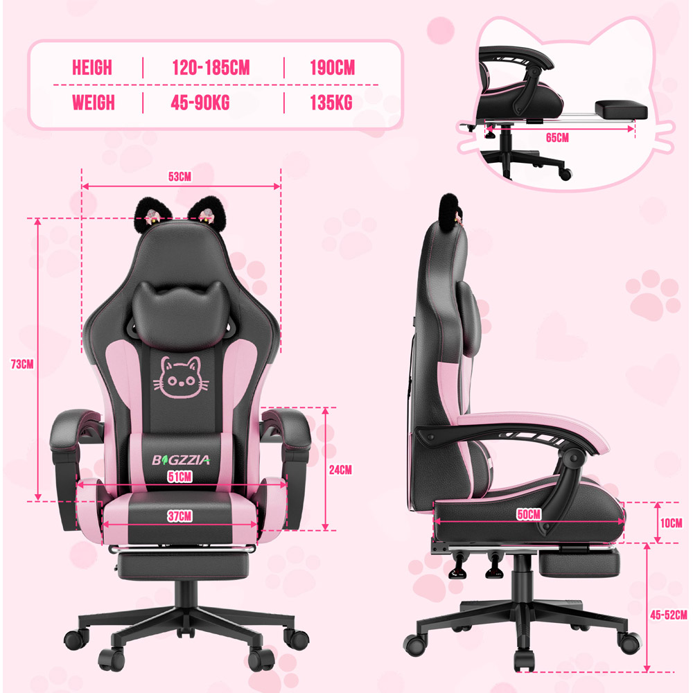Rattrix Black Cat Ears Gaming Chair with Massage Lumbar Support and Footrest Image 8