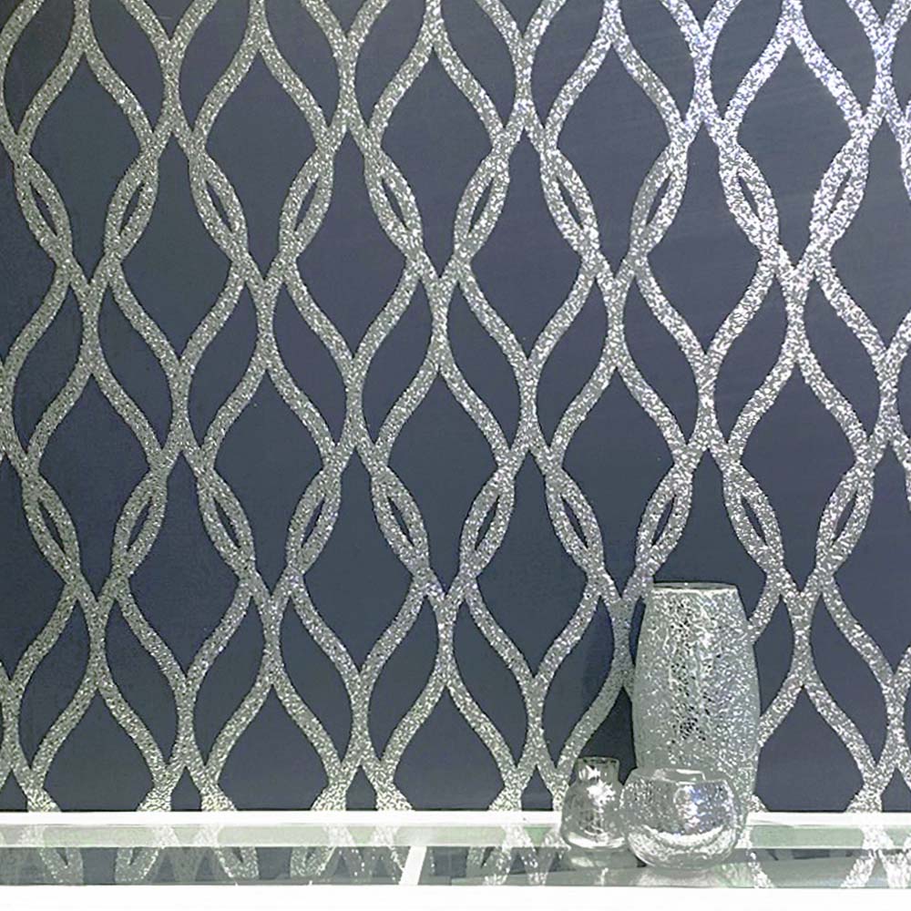 Arthouse Sequin Trellis Navy Blue and Silver Wallpaper Image 3