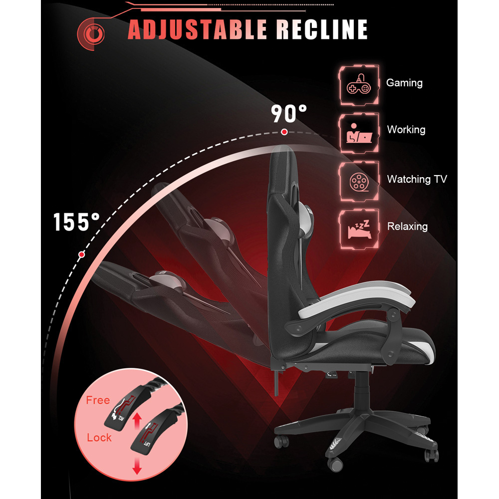Rattrix White Height Adjustable Lumbar Backrest Gaming Chair with Headrest and LED Light Image 4