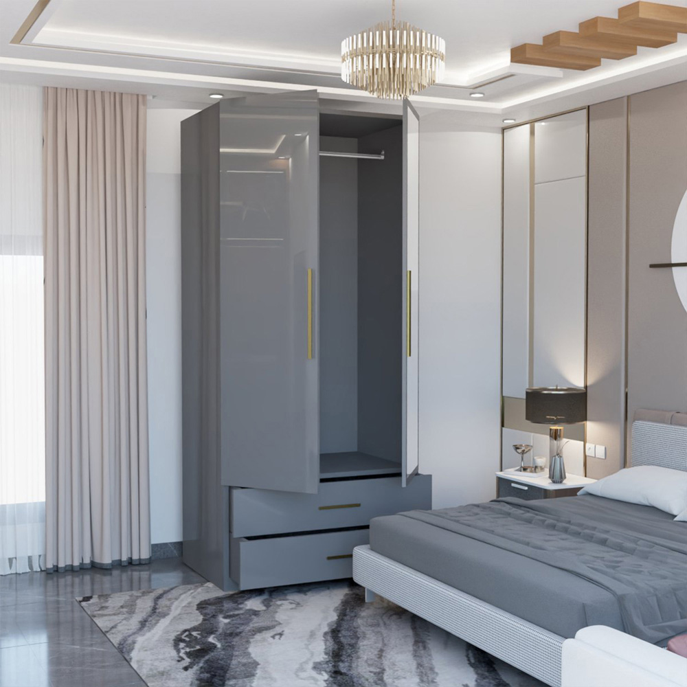 M N Furniture Glossera 2 Door 2 Drawer Grey High Gloss Mirrored Wardrobe 90cm Image 3