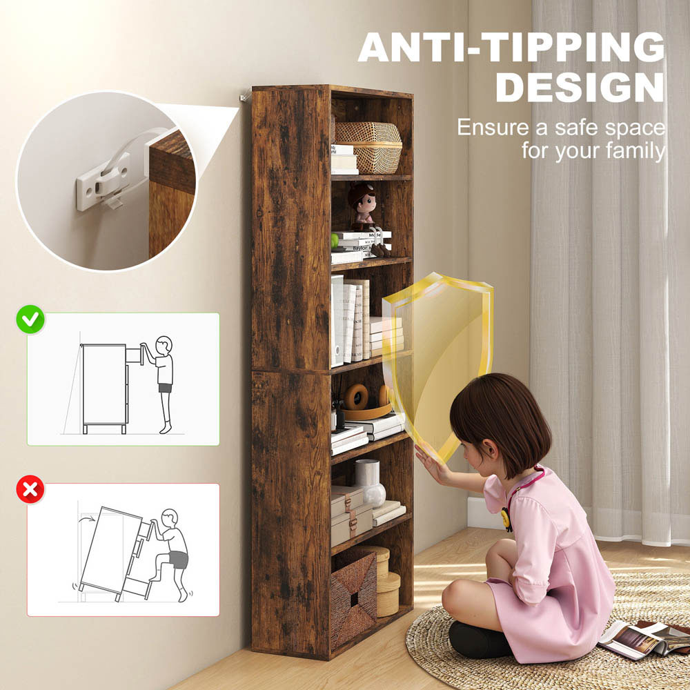 Portland 6 Shelf Rustic Brown Adjustable Freestanding Bookcase Image 6