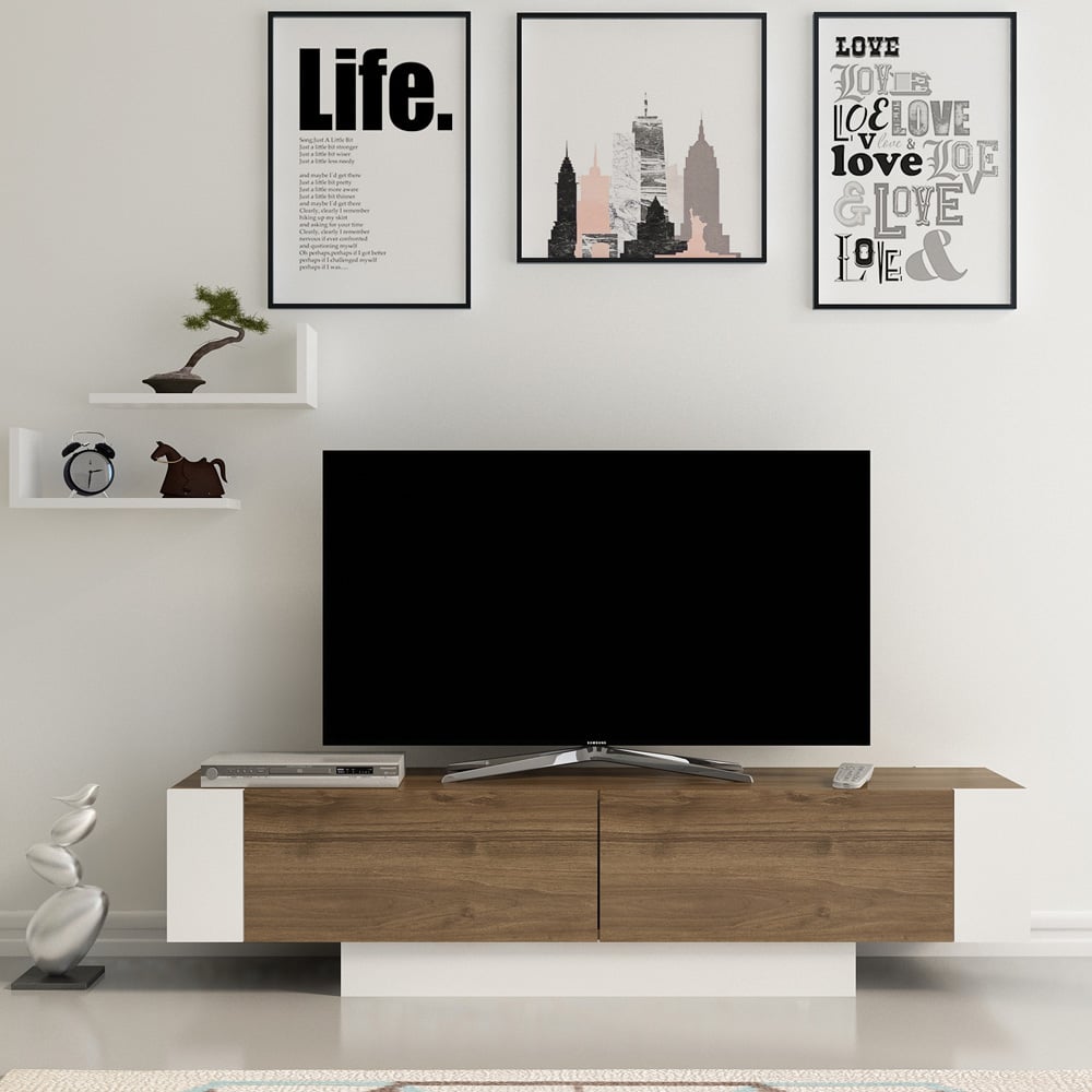 Decorotika Matera 2 Wall Shelf Walnut and White TV Unit Image 1