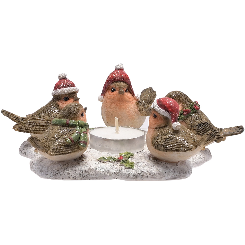 The Christmas Gift Co Brown Five Robin Figurine Tealight Holder Image 2