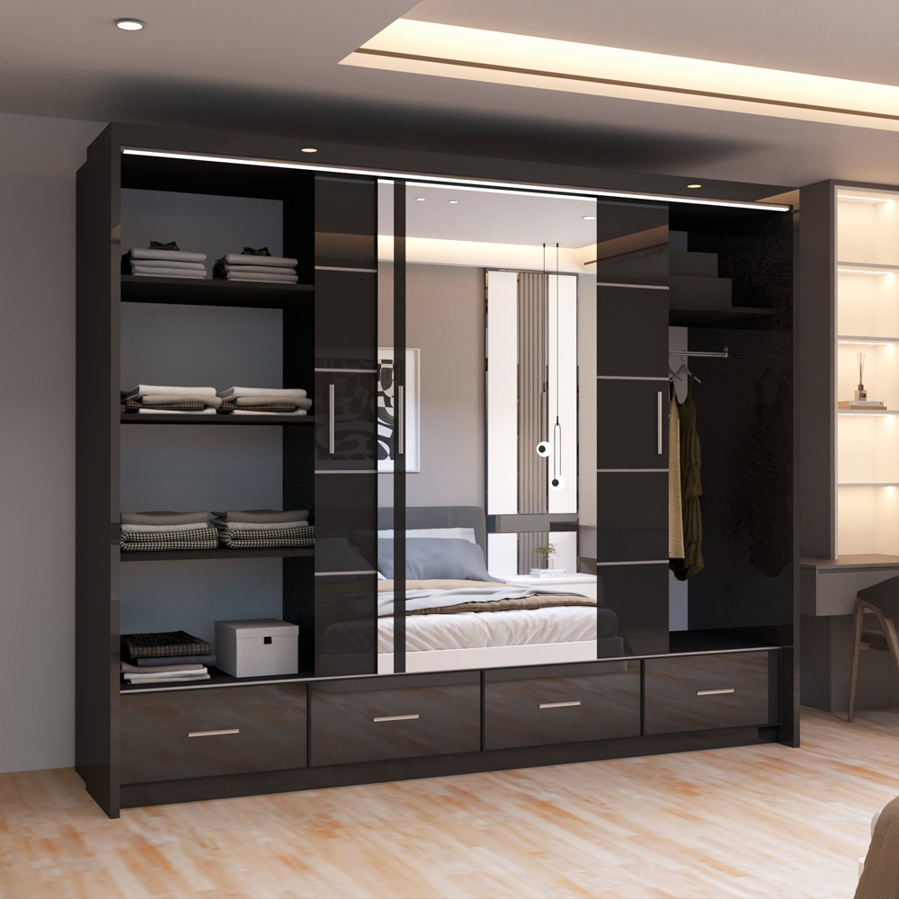 Sliding Wardrobes 4U 2 Sliding Door Black Modern High Gloss Central Mirrored Wardrobe Image 4