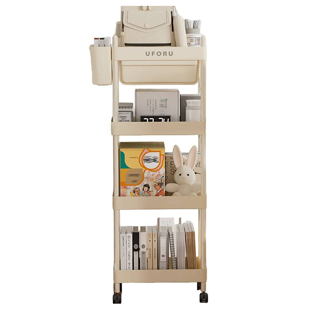 H&O Direct 4 Shelf Rolling Cart with Locking Casters and Side Basket Image 1