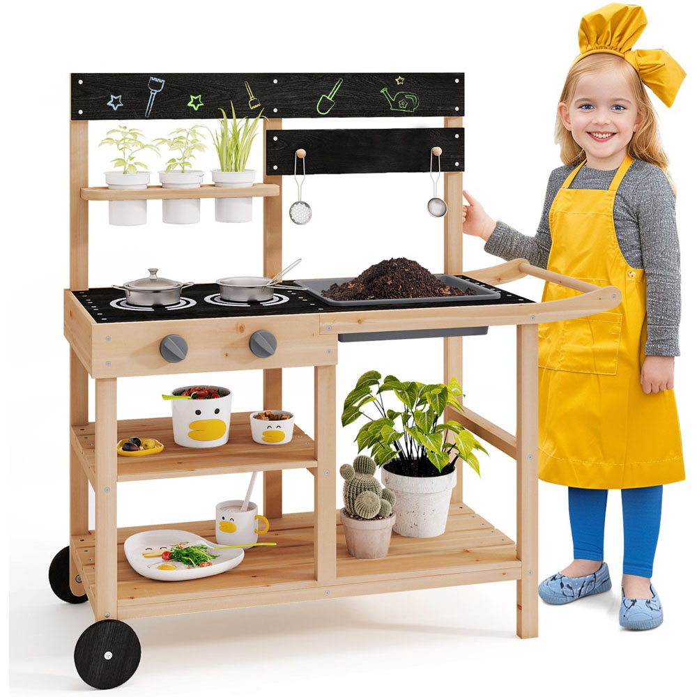 Costway Natural Mud Fir Wood Kitchen Playset with Wheels and Blackboard Image 3