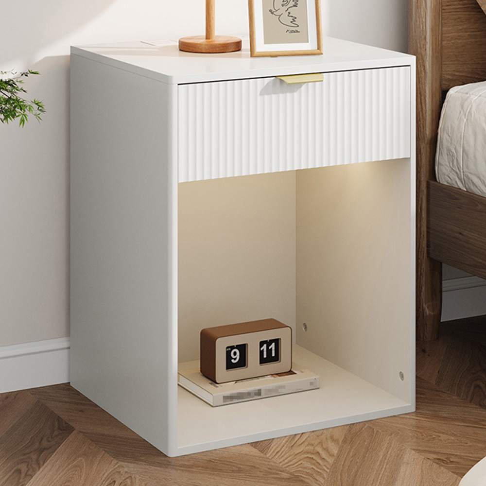 Living and Home Single Drawer White Bedside Table with Power and RGB Light Strip Set of 2 Image 1